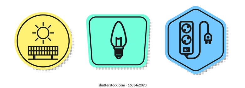 Set line Solar energy panel and sun, Light bulb and Electric extension cord. Colored shapes. Vector