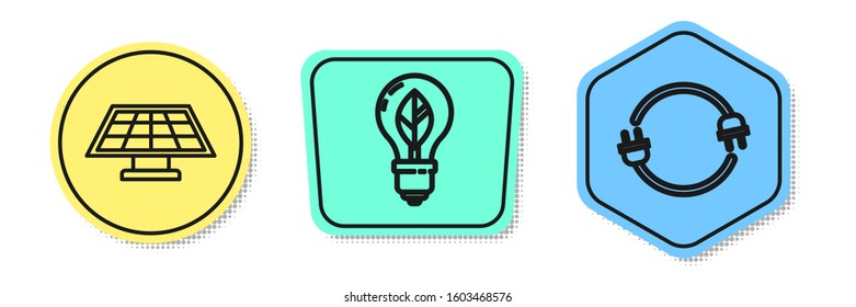 Set line Solar energy panel, Light bulb with leaf and Electric plug. Colored shapes. Vector