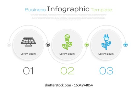 Set line Solar energy panel, Light bulb with leaf and Electric saving plug in leaf. Business infographic template. Vector