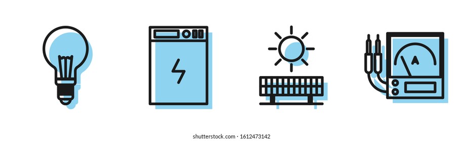 Set line Solar energy panel and sun, Light bulb with concept of idea, Power bank and Ampere meter, multimeter, voltmeter icon. Vector