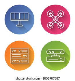Set line Solar energy panel, Drone flying, Server, Data, Web Hosting and Motion sensor. Color circle button. Vector
