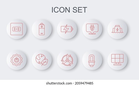 Set line Solar energy panel, Power button, Battery, LED light bulb, Electrical outlet, Earth globe and leaf and Wind turbine icon. Vector