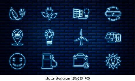 Set line Solar energy panel, and battery, light bulb, Location shopping basket, Electric saving plug leaf, Wind turbine and  icon. Vector