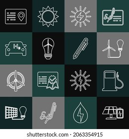 Ponga en línea el panel de energía solar y la batería, la gasolinera o gasolinera, la bombilla de luz con turbina eólica, el coche hidrógeno, la libreta de direcciones y el icono de la pluma. Vector