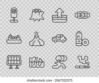 Set line Solar energy panel, Cigarette, Rise in water level, Glacier melting, Trash can, Volcano eruption with lava, Barrel oil leak and Battery icon. Vector