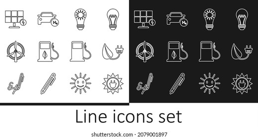 Set line Solar energy panel, Electric saving plug in leaf, Bio fuel with fueling nozzle, Rotating wind turbine, Petrol or Gas station and Hydrogen car icon. Vector