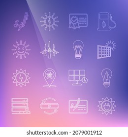 Set line Solar energy panel, Light bulb with leaf, and sun, Certificate template, Wind turbines, Cute smile, Signature and  icon. Vector