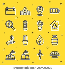 Set line Solar energy panel, Propane gas tank, Eco House with recycling, Location leaf, Battery, Lightning bolt, Car battery and bulb lightning icon. Vector
