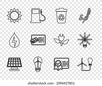 Set line Solar energy panel, Light bulb with wind turbine, Recycle recycle, Sun, Financial document, Certificate template and gear icon. Vector