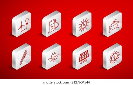 Fije la línea Panel de energía solar, Combustible Bio con boquilla de combustible, Unidad de concepto de coche Eco, Turbina de viento de bombilla, Hoja de enchufe de ahorro eléctrico e icono de la pluma. Vector