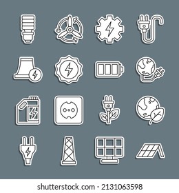 Set line Solar energy panel, Earth globe and leaf, Global power planet, Gear lightning, Lightning bolt, Nuclear plant, LED bulb and Battery icon. Vector