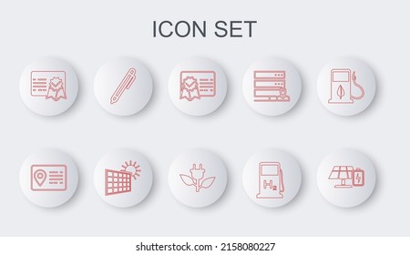 Set line Solar energy panel and battery, Address book, Certificate template, Hydrogen filling station, Pen, sun and Electric saving plug leaf icon. Vector