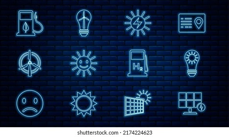 Set line Solar energy panel, Cute sun with smile, Rotating wind turbine, Bio fuel fueling nozzle, Hydrogen filling station and Light bulb icon. Vector