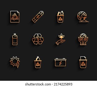Set line Solar energy panel, Recycle bin with recycle symbol, Paper, Car battery, Battery, Human hands holding Earth globe and Plant of environmental protection icon. Vector