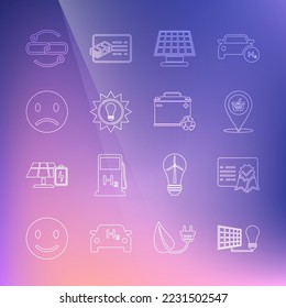 Fijar línea Panel de energía solar y bombilla de luz, plantilla de certificado, cesta de compras de ubicación, sonrisa triste, línea de enlace de cadena y batería de coche con icono de reciclaje. Vector