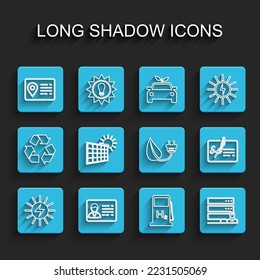 Set line Solar energy panel, Identification badge, Address book, Hydrogen filling station, Customer care server, and sun, Signed document and Electric saving plug leaf icon. Vector