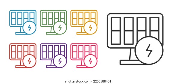 Ajuste la línea Icono del panel de energía solar aislado en fondo blanco. Indique los iconos en colores. Vector