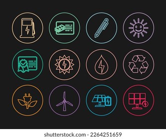 Set line Solar energy panel, Recycle symbol, Pen, Certificate template, Electric car charging station, Water and Financial document icon. Vector