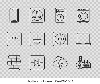 Set line Solar energy panel, Nuclear power plant, Ampere meter, multimeter, Diode in electronic circuit, Mobile phone, Electrical symbol ground, Cloud and lightning and Laptop icon. Vector