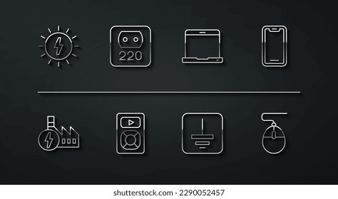 Set line Solar energy panel, Nuclear power plant, Mobile phone, Electrical symbol ground, Music player, outlet, Computer mouse and Laptop icon. Vector