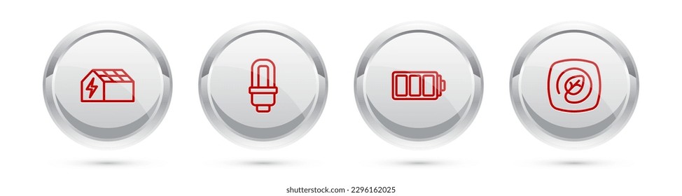 Set line Solar energy panel, LED light bulb, Battery and Location with leaf. Silver circle button. Vector