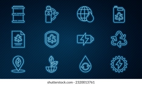 Set line Solar energy panel, Recycle symbol, Earth planet in water drop, inside shield, Paper with recycle, Barrel, Battery and Recycling plastic bottle icon. Vector