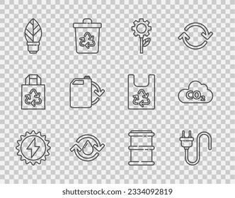 Set line Solar energy panel, Electric plug, Leaf plant in gear machine, Recycle clean aqua, Light bulb with leaf, Eco fuel canister, Barrel and CO2 emissions cloud icon. Vector