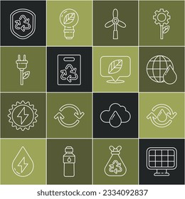 Set line Solar energy panel, Recycle clean aqua, Earth planet in water drop, Wind turbine, Paper bag with recycle, Electric saving plug leaf, symbol inside shield and Location icon. Vector