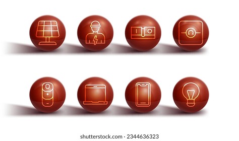 Set line Solar energy panel, Battery charge, Ohmmeter, Mobile phone, Laptop, Electrician, Creative lamp light idea and switch icon. Vector