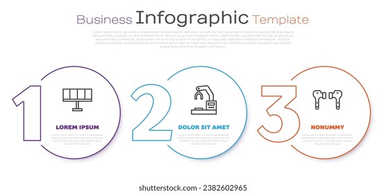 Set Line Solar Energy Panel, Roboter Roboter Arm Fabrik und Air Kopfhörer. Infografik-Vorlage für Unternehmen. Vektorgrafik