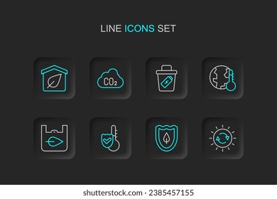 Set line Solar energy panel, Shield with leaf, Thermometer, Shopping bag recycle, Earth melting to global warming, Trash can, CO2 emissions cloud and Eco friendly house icon. Vector