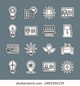 Set line Solar energy panel, Eco car concept drive, Electric charging station, Cute sun with smile, Address book, Light bulb leaf,  and  icon. Vector