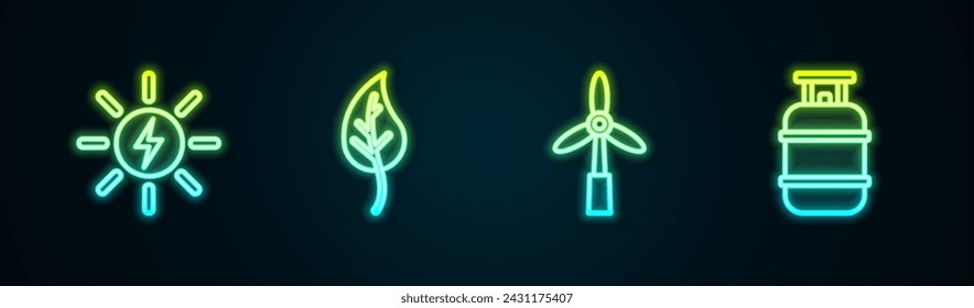 Set line Solar energy panel, Leaf or leaves, Wind turbine and Propane gas tank. Glowing neon icon. Vector