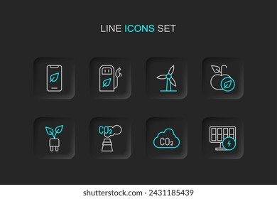 Set line Solar energy panel, CO2 emissions in cloud, Electric saving plug leaf, Apple, Wind turbine, Petrol or gas station and Mobile phone with icon. Vector