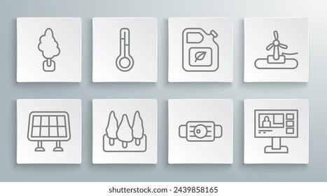 Set line Solar energy panel, Meteorology thermometer, Forest, Medical protective mask, Television report, Bio fuel canister, Wind turbine and Tree icon. Vector