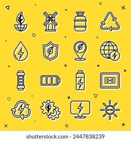 Panel de energía solar, toma de corriente eléctrica, Planeta de energía global, tanque de gas propano, Escudo con hoja, Agua, globo terráqueo e ícono de Locación. Vector