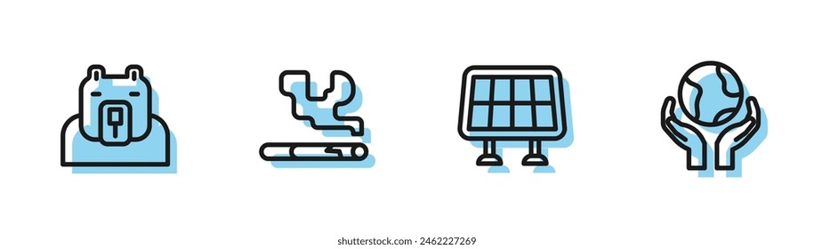 Set line Solar energy panel, Polar bear head, Cigarette and Hands holding Earth globe icon. Vector