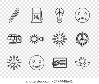 Set line Solar energy panel, Electric saving plug in leaf, Light bulb with wind turbine, Smile face, Pen, Sun electric, Financial document and Rotating icon. Vector
