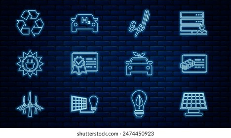 Set line Solar energy panel, Financial document, Signature, Certificate template, Recycle symbol, Eco car concept drive and Hydrogen icon. Vector