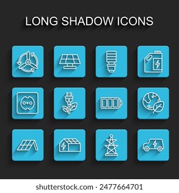 Set line Solar energy panel, Wind turbine, Electric tower, car, saving plug leaf, Earth globe and and Battery icon. Vector
