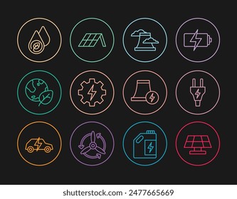 Panel de energía solar, enchufe eléctrico, planta de energía nuclear, engranaje y rayo, hoja del globo de la Tierra, agua e icono. Vector