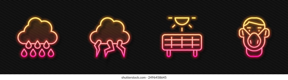 Panel de energía solar, Nube con lluvia, Tormenta y máscara protectora facial. Icono de neón brillante. Vector