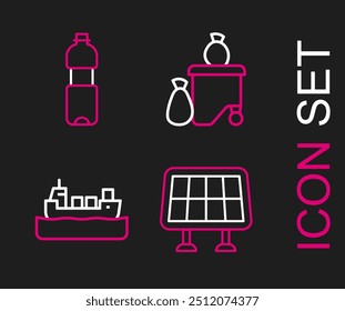 Set line Panel de energía solar, barco petrolero, cubo de basura completo y botella de icono de agua. Vector