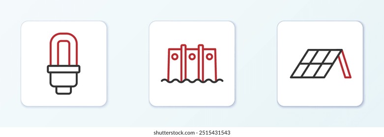 Set line Solar energy panel, LED light bulb and Hydroelectric dam icon. Vector