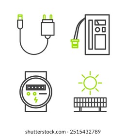 Definir linha Painel de energia solar e sol, Medidor elétrico, bateria e carregador ícone. Vetor