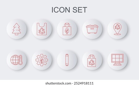Set line Panel de energía solar, Calentamiento global, Bolsa de compras con reciclaje, Papel, Árbol de Navidad, Plástico, Hoja de la planta de la máquina de engranajes e icono de lámpara fluorescente. Vector