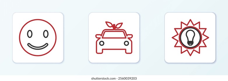 Set line Solar energy panel, Smile face and Eco car concept drive icon. Vector