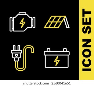 Set line Solar energy panel, Car battery, Electric plug and Check engine icon. Vector