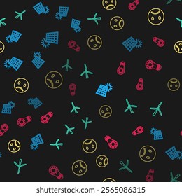 Set line Solar energy panel and sun, Wind turbine, Sad smile and  on seamless pattern. Vector
