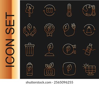 Set line Solar energy panel, The problem of pollution, Garbage bag with recycle, Thermometer, Leaf Eco symbol, in hand, Tree and Electric saving plug leaf icon. Vector